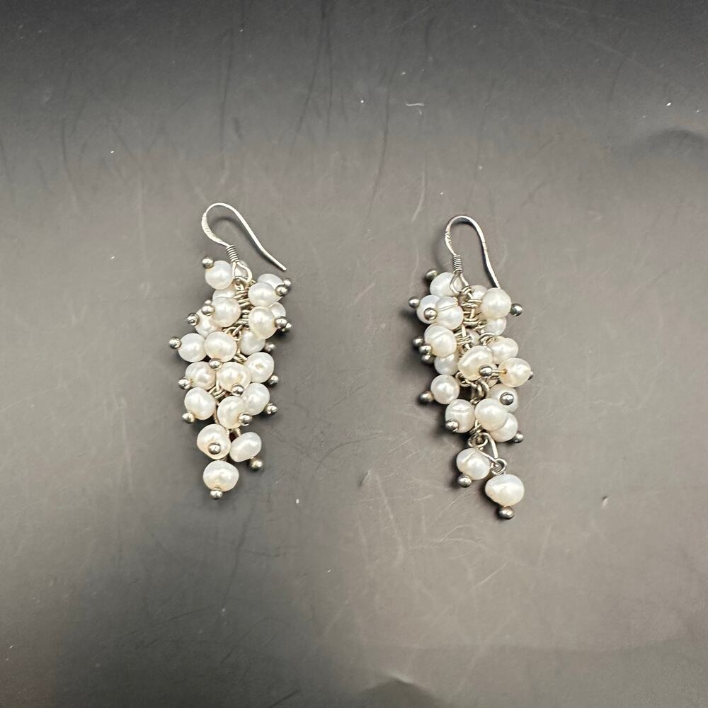 Sterling Silver 925 Post White Faux Pearl Cluster Dangle Earring Preppy Jewelry